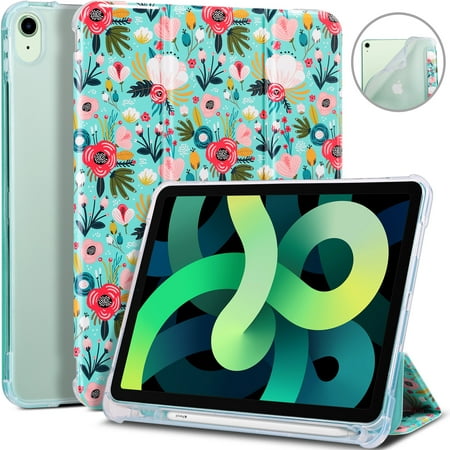 ULAK iPad Air 4 10.9 Case with Pencil Holder, Shockproof Stand Smart Cover for Apple iPad Air 10.9 inch 4th Generation 2020, Mint Floral