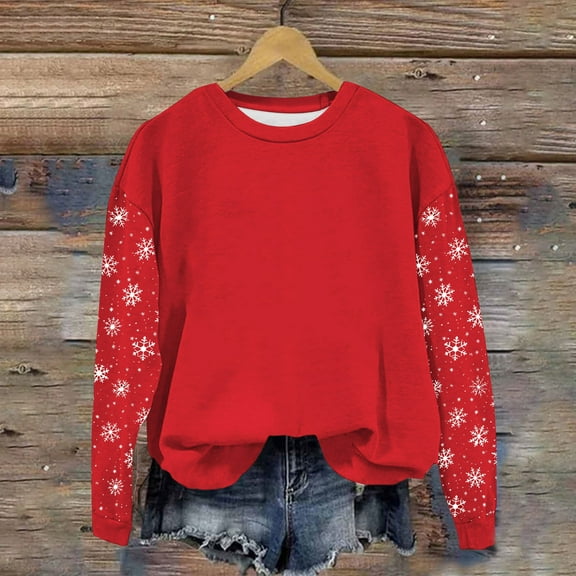 Womens Tops Christmas Printed Long Sleeve Casual Loose Hoodless Sweatshirts,Sweatshirts for Women Red S