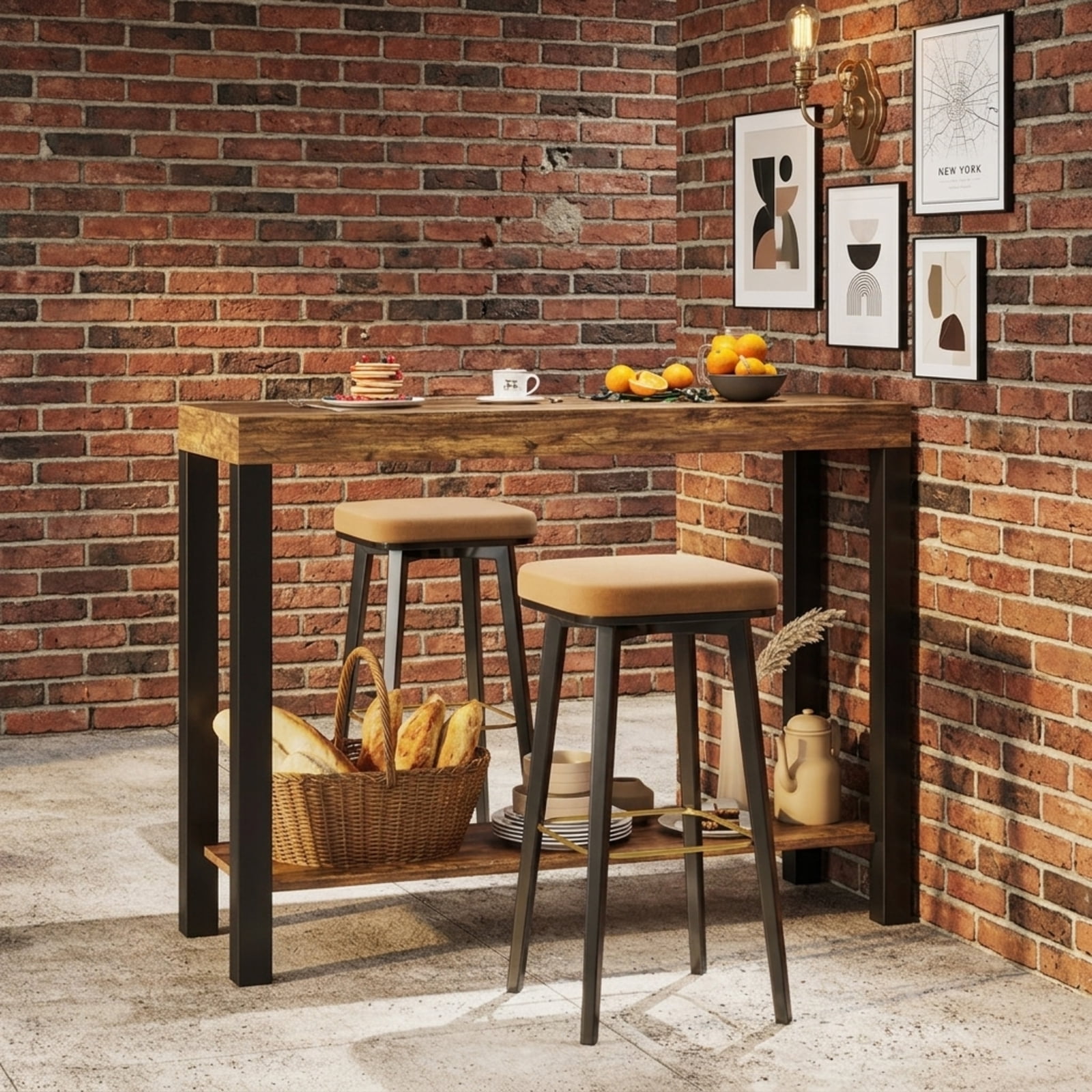 Furnibear 2-Tier Home Bar Table with Open Shelves and Storage for Home Kitchen Living Room Pub for Kitchen Dining Bar Bistro Pub Home, Rustic Brown