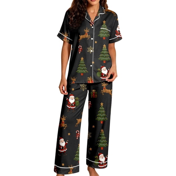 JIAYUE Christmas PJS 2-Piece Set for Women Graphic Print Button-Front Notch Collar Long Sleeve Top & Pants Sleepwear For Night Sleep