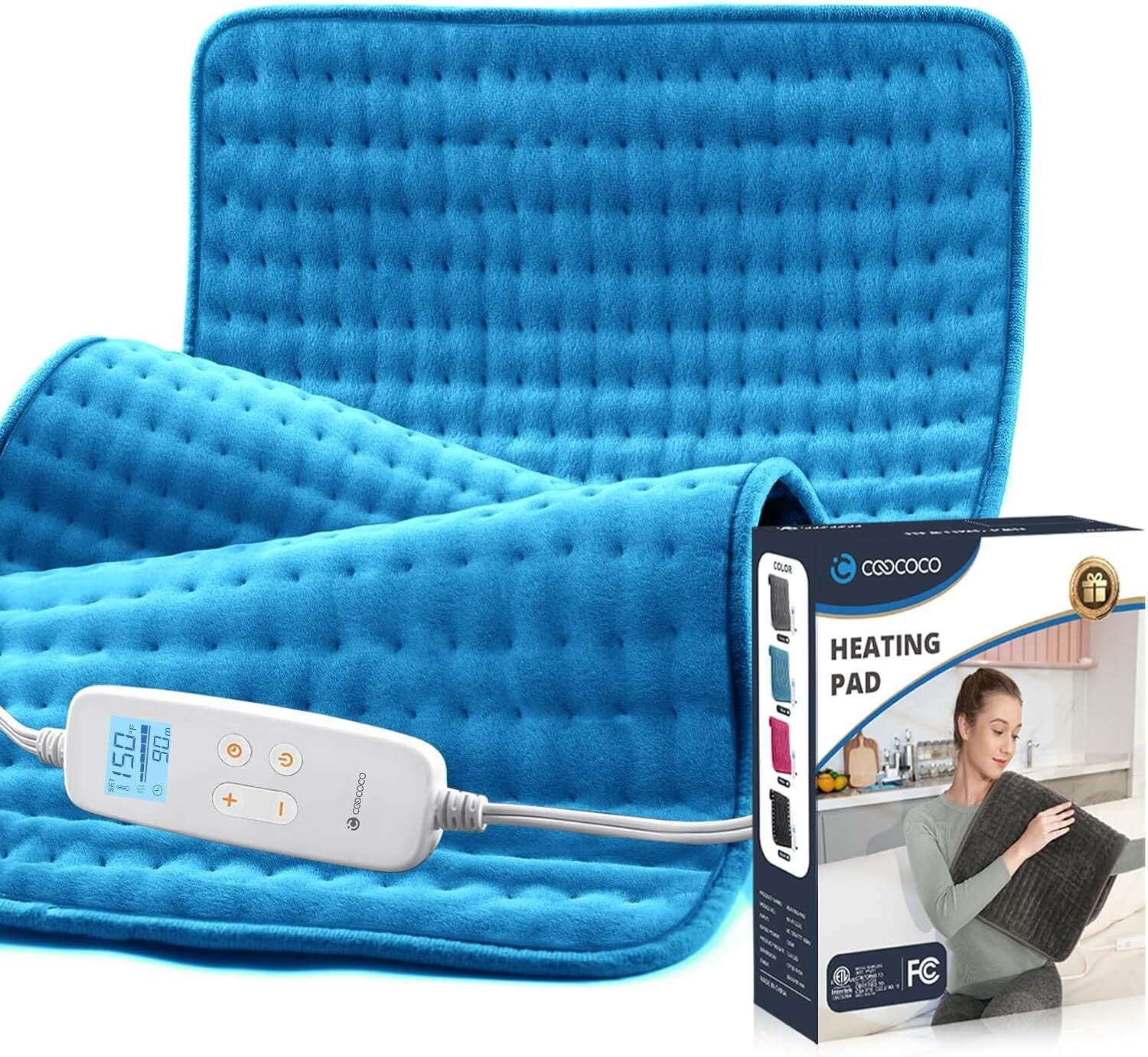 Coococo 33"x17" Large Electric Heating Pad for Back Neck Shoulders Muscle Pain, Cramps Relief with Auto Shut off, 3 Timer, 6 Temp Controller, Gifts