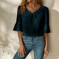 thumbnail image 2 of Women's Casual Solid Color V Neck Three Quarter Sleeve Blouse Shirt Top Loose Fit Tunic Length Breathable Lightweight Summer Fashion | CSEONE,Navy XL, 2 of 9