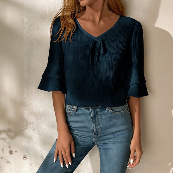 HOMBOM Shirts for Women Cotton Linen Crop Navy V Neck Solid Short Sleeve Casual Spring Ladies T Shirts