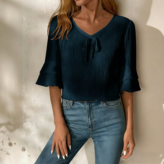 HongQid 3/4 Length Sleeve Womens Tops V Neck Blouse Ruffle Sleeve Shirts Fashion Tunic Tees Summer Clothes