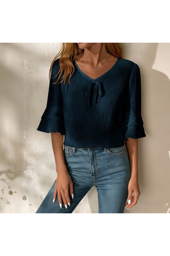 Shirts for Women Cotton Linen Crop Navy V Neck Solid Short Sleeve Casual Spring Ladies T Shirts