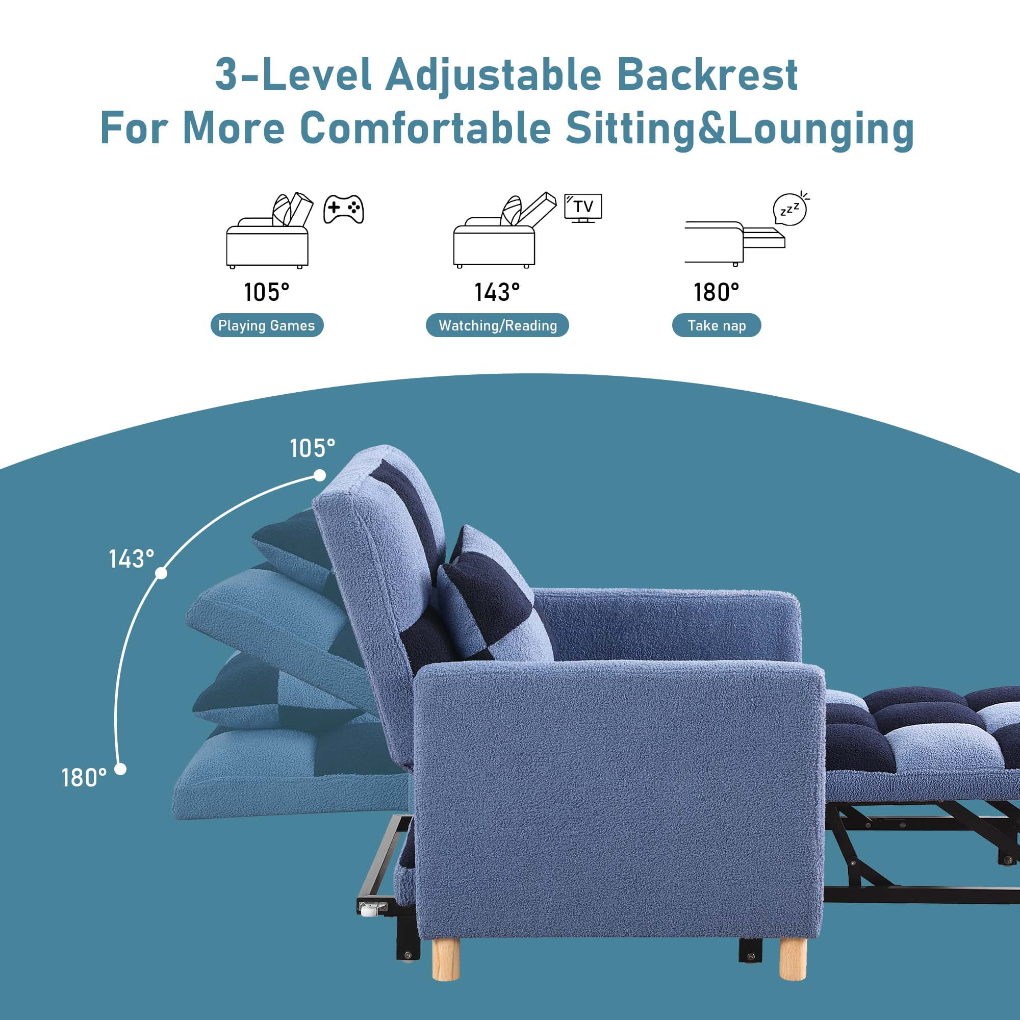 Aukfa Convertible Sleeper Chair Bed, Patchwork Pull Out Sofa Chair with Adjustable Backrest, Teddy  Blue/Navy  (图5)