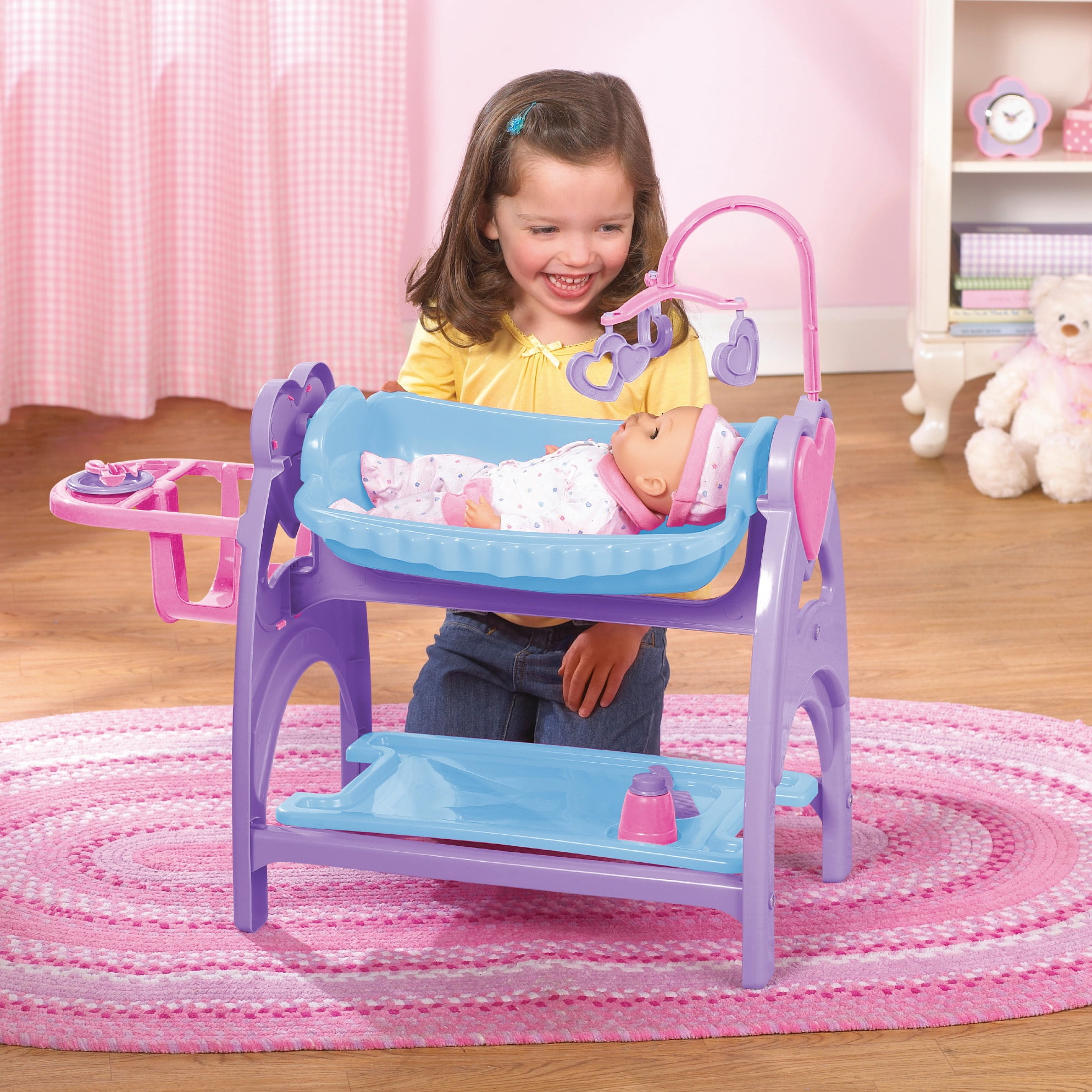 American Plastic Toys My Doll All in One Nursery Set with 5 Accessories, Doll Cradle, Doll Changing Table and Doll High Chair for Kids