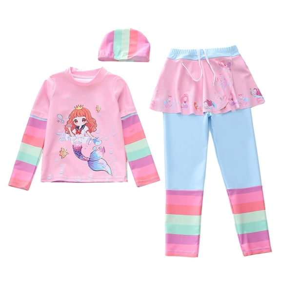 MEZZALL Summer Girls Long Sleeve Swimwear Two Piece Rash Guard Tops With Swim Skirt And Bottoms Sun Swim For Toddler Kids Bohemian Beachwear