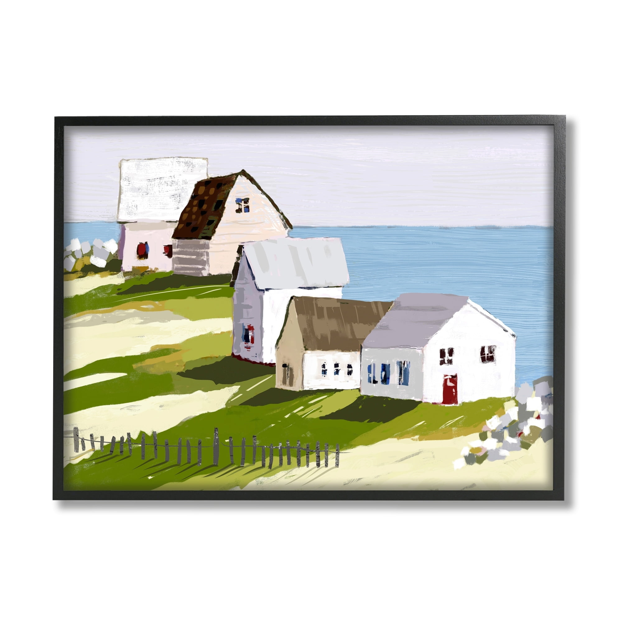 Stupell Industries Quaint Seaside Cottages Overlooking Vast Ocean Landscape Graphic Art Black Framed Art Print Wall Art, Design by Tina Finn