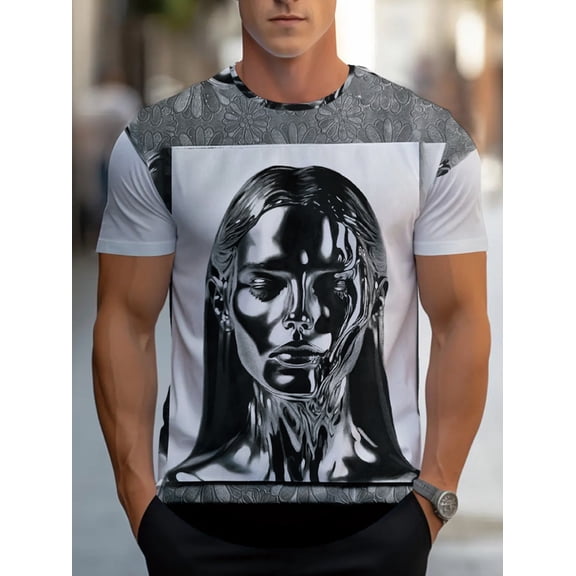 Men's short-sleeved T-shirt with metallic chrome female pattern design and silver black color scheme for a comfortable and long-lasting fit