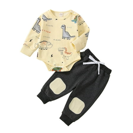 

Zlekejiko Baby Boys Girls Long Sleeve Cute Cartoon Dinosaur Romper Bodysuit Tops Patchwork Pants Trousers Tracksuit Outfit Set 2PCS Clothes