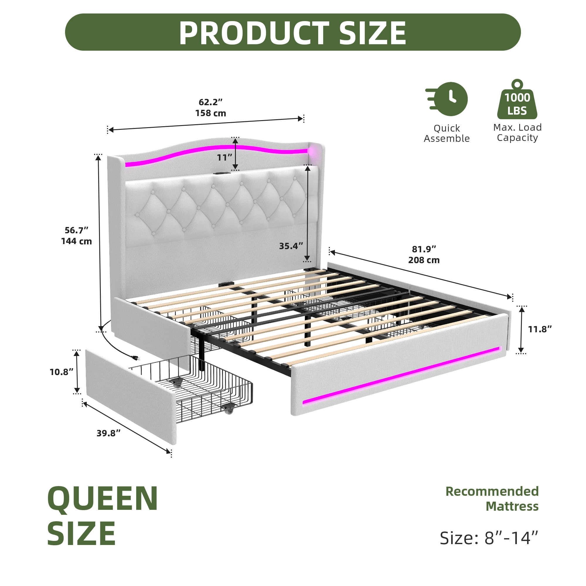 Uforic Queen Size Velvet Upholstered Bed Frame with RGB LED Ambient Light, Built-in Charging Station, No Box Spring Required, White