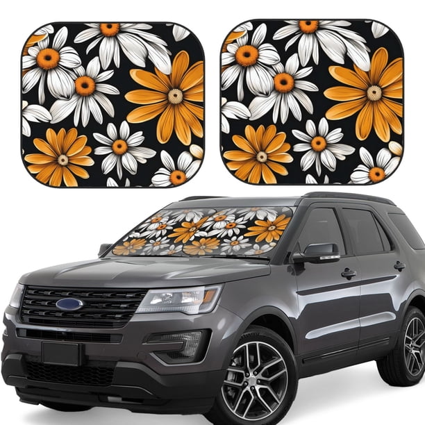 Fotbe Yellow White Daisy Pattern Juego de 2 Piezas de Parasoles para Parabrisas | Bloqueador Solar para Auto | Accesorios Plegables para Protección Solar Interior-Small