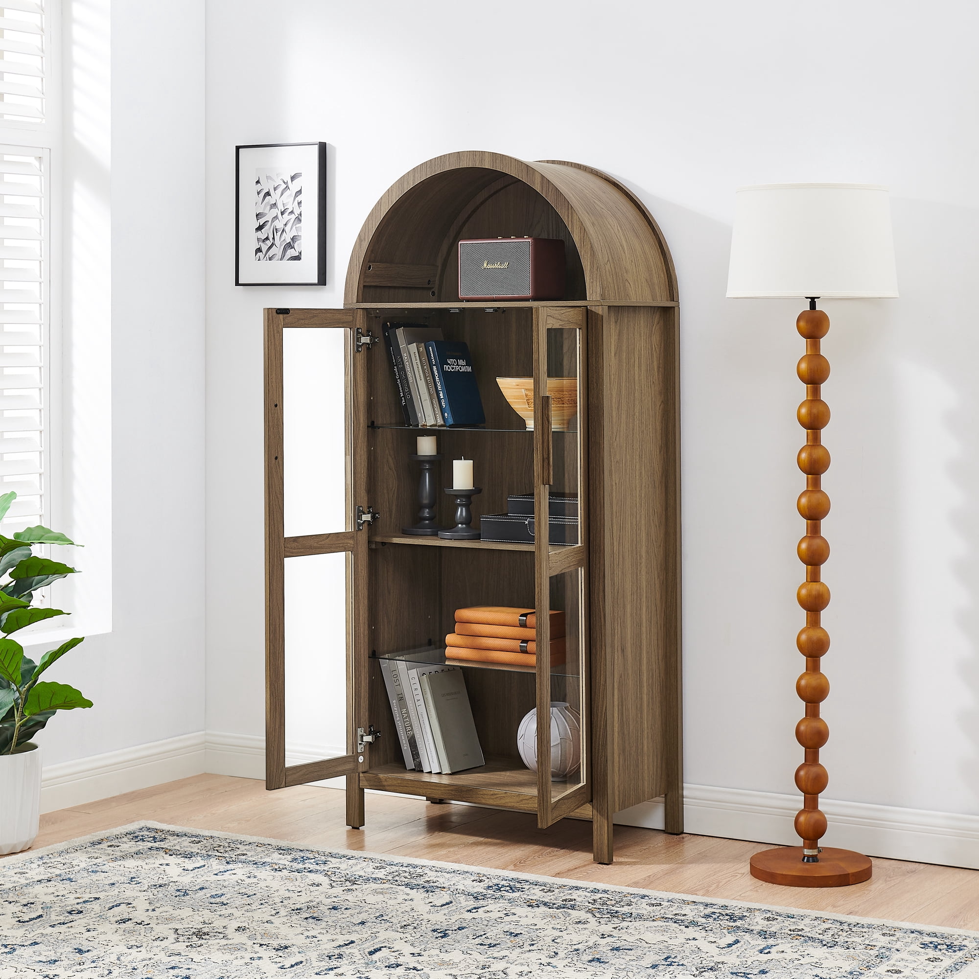 Firmoz 67" Arched Pantry Cabinet with Glass Doors, Bookcase with Lamp, Display Storage Shelf for Living Room, Kitchen Walnut