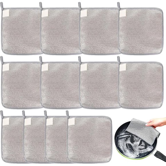 ZYNERY Three Layer Metal Wire Cloth,Reusable Dry and Wet Dual-Purpose dishwashing Cloth, Suitable for cookware, Tableware, Sink, Easy to Rinse (12Pcs）