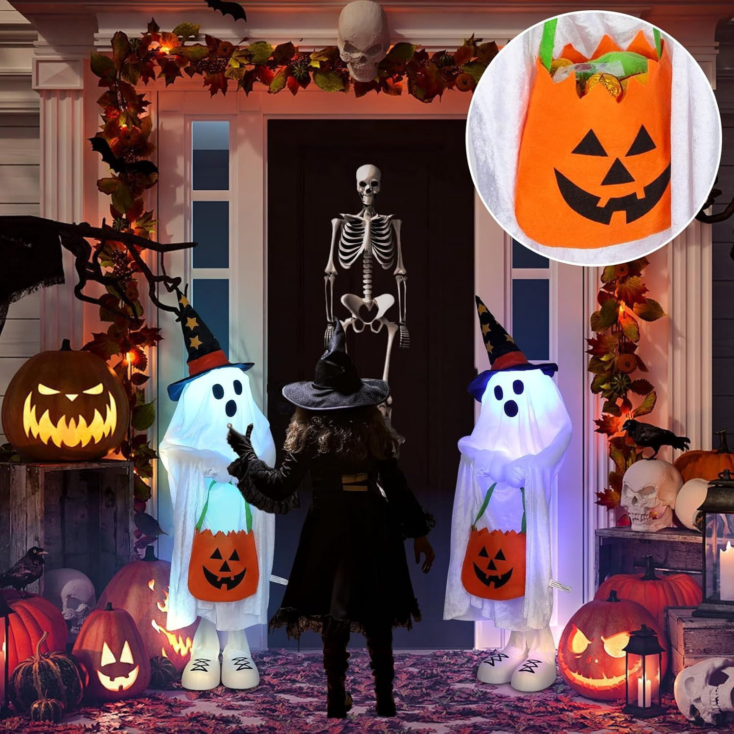 38 Inch Color Changing Ghost Decoration with Candy Pocket for Halloween Porch