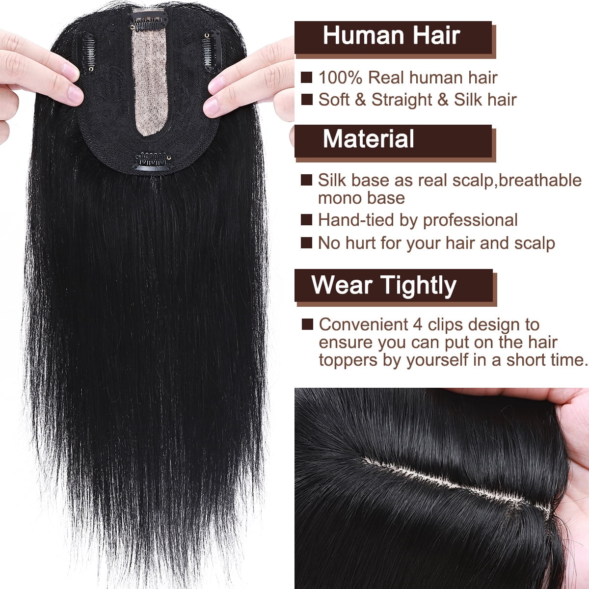 SEGO Clip in Hair Extensions Human Hair Toppers 100% Real Human Hair Topper for Thinning/Loss Hair Natural Black Hair Pieces