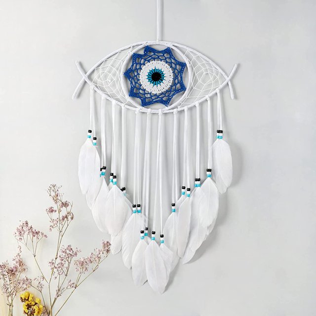 RV Atrapasueños de mal de ojo, atrapasueños de plumas blancas tejidas a mano, colgante de pared, decoración del hogar, adorno, regalo de bendición, blanco puro oso de fresa Electrónica