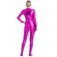 thumbnail image 3 of YONGHS Women's Shiny Holographic Unitard Zentai Jumpsuit Mock Neck Zipper Front Bodysuits Catsuits Hot Pink M, 3 of 7