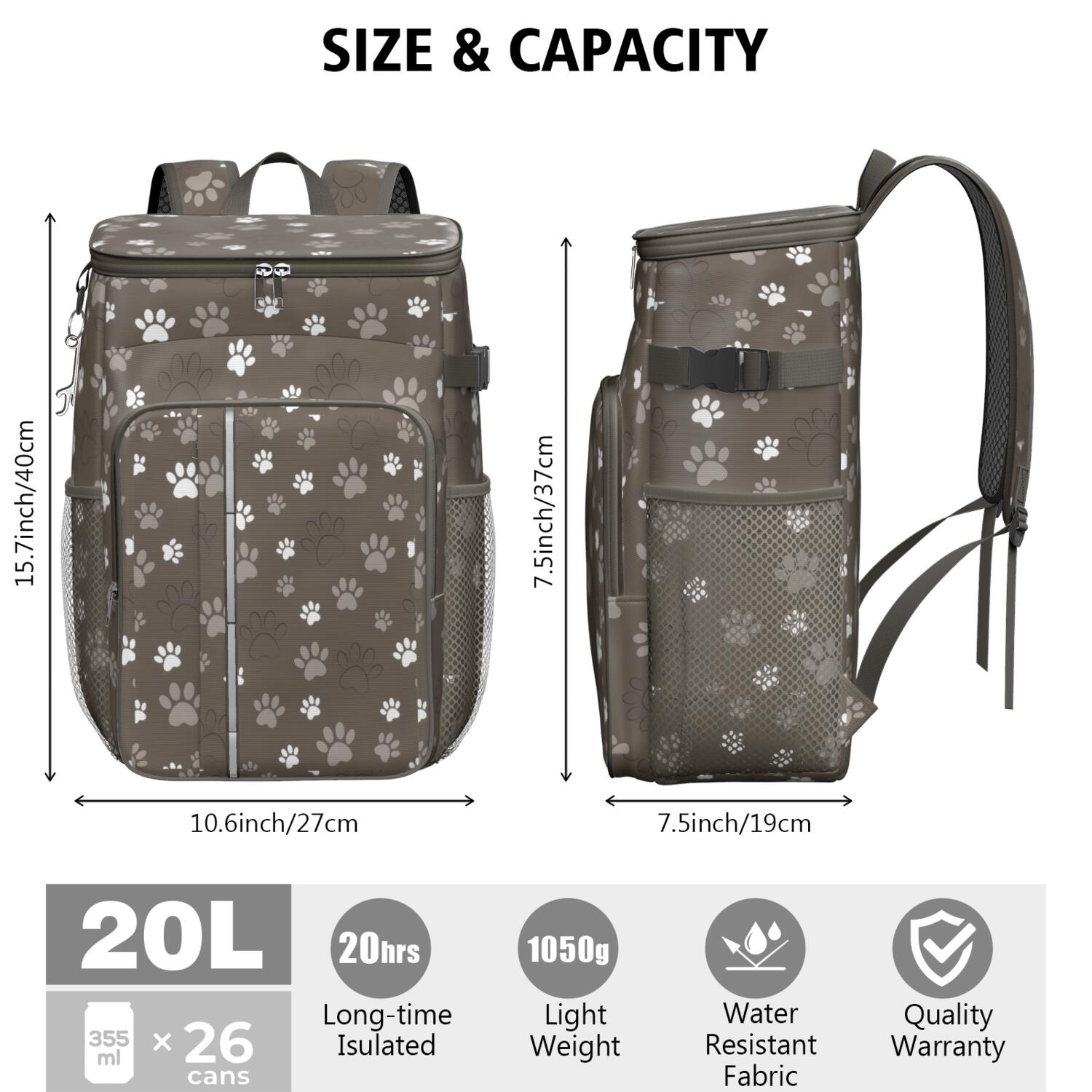 Travel Cooler Bag - Brown Dog Paw Footprint Camping Beer Cooler Backpack with Bottle Opener- Waterproof Insulated Picnic Backpacks - Cooler Bag for Beach