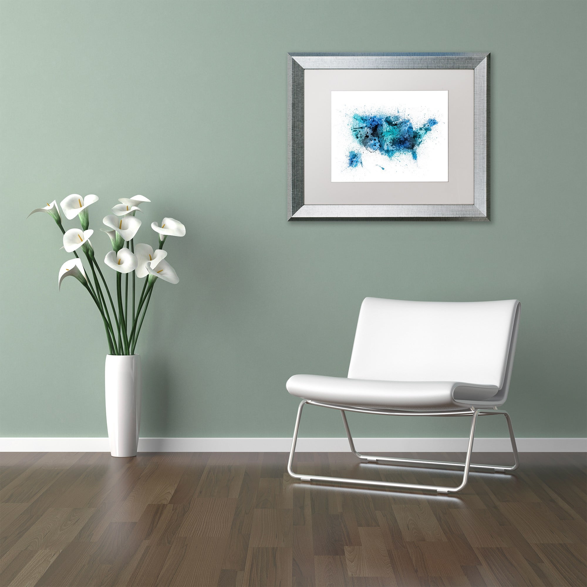 Trademark Fine Art "US Paint Splashes Map" Canvas Art by Michael Tompsett, White Matte, Silver Frame