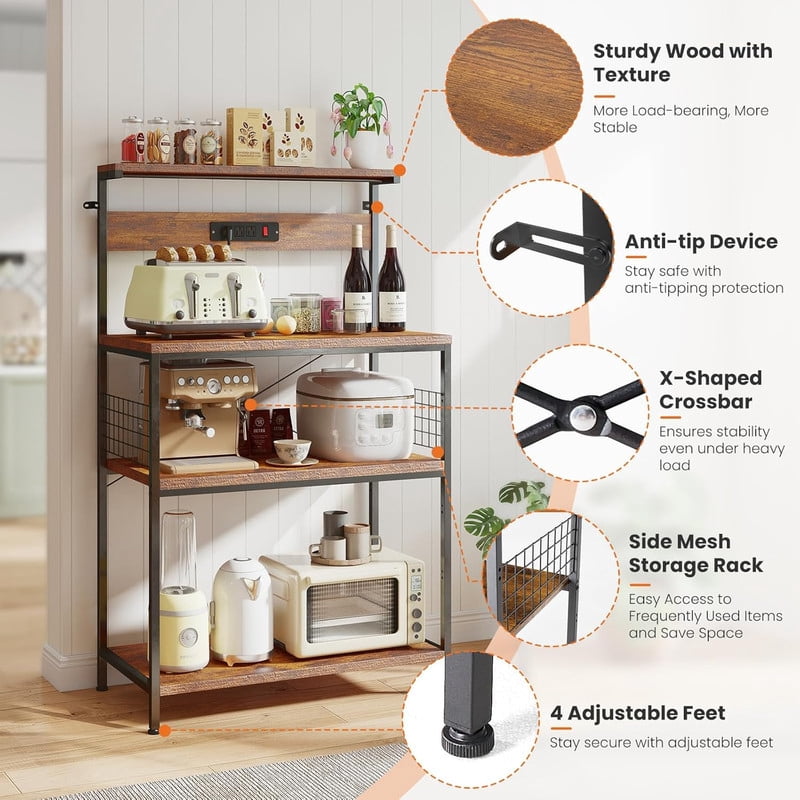 Simenmax 31.5" Kitchen Bakers Rack with Power Outlet, 4-Tier Adjustable Microwave Stand, Coffee Bar Station, Brown Storage Shelf Appliance Organizer