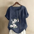 thumbnail image 2 of Txeol Linen Short Sleeve Tops for Women,Plus Size Women Cotton Linen Button Shirt 2024 Spring Casual Crewneck Flower Graphic Tee Gauze Tunic Top Blouse,Navy,M, 2 of 5