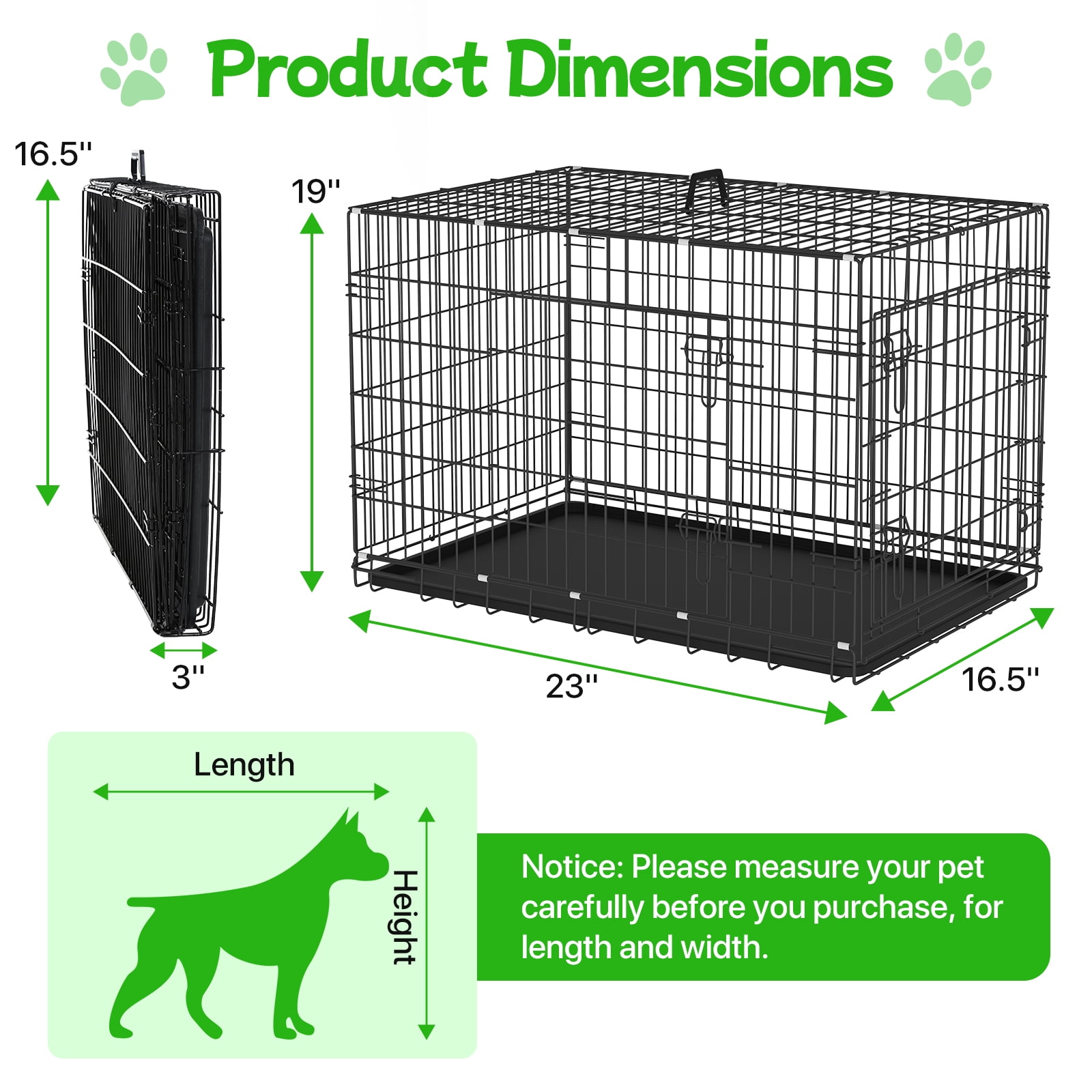 24" Dog Crate Small Dog Cage Folding Dog Kennel for Small Dogs Metal Wire Crates Puppy Crate with Tray&Two Doors，Pet Cages Outdoor and Indoor Use （Black）