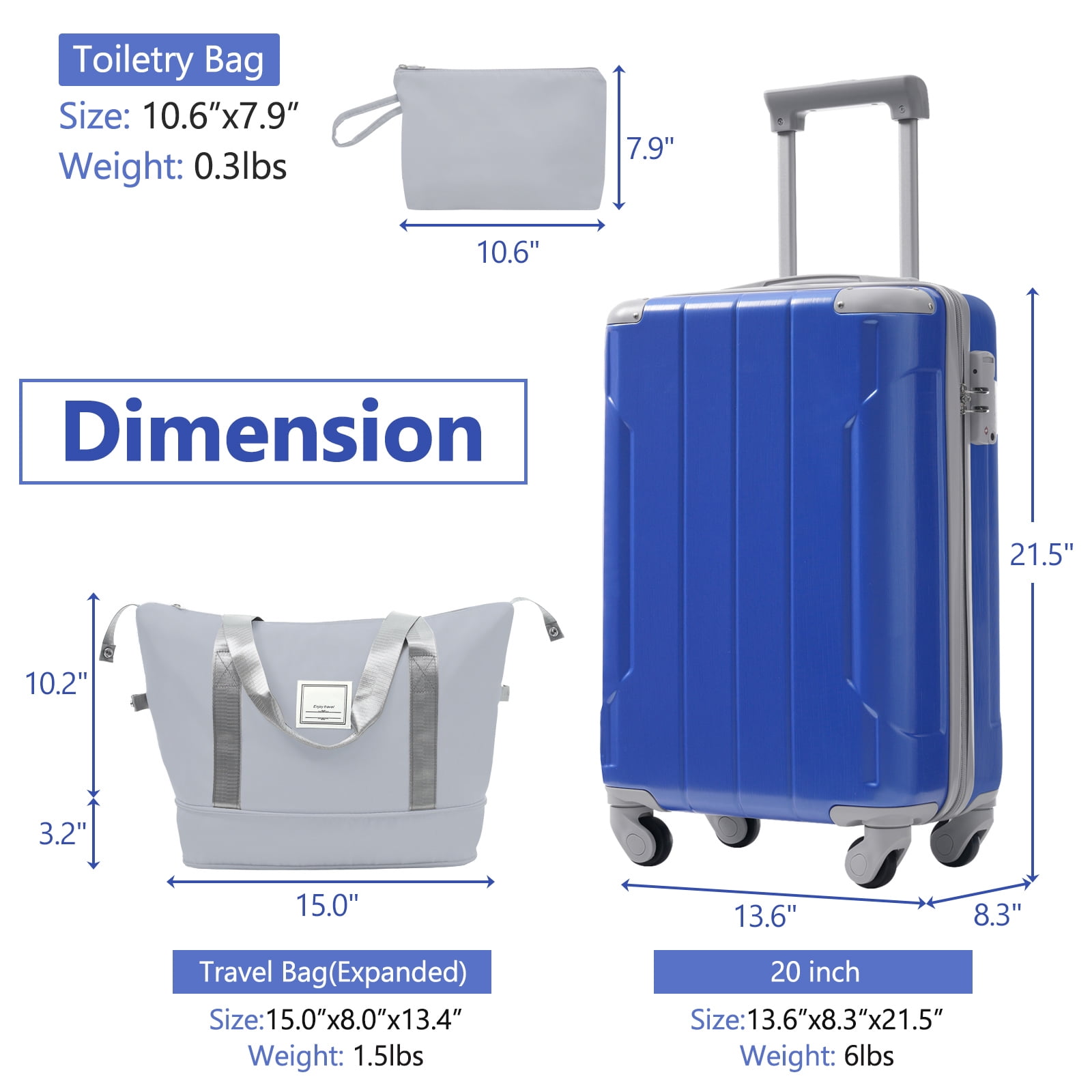 20 Inch Carry On Luggage Set 3 Piece with Spinner Wheels, Lightweight Hardshell ABS Suitcase for Weedend Getaways, Business Travel