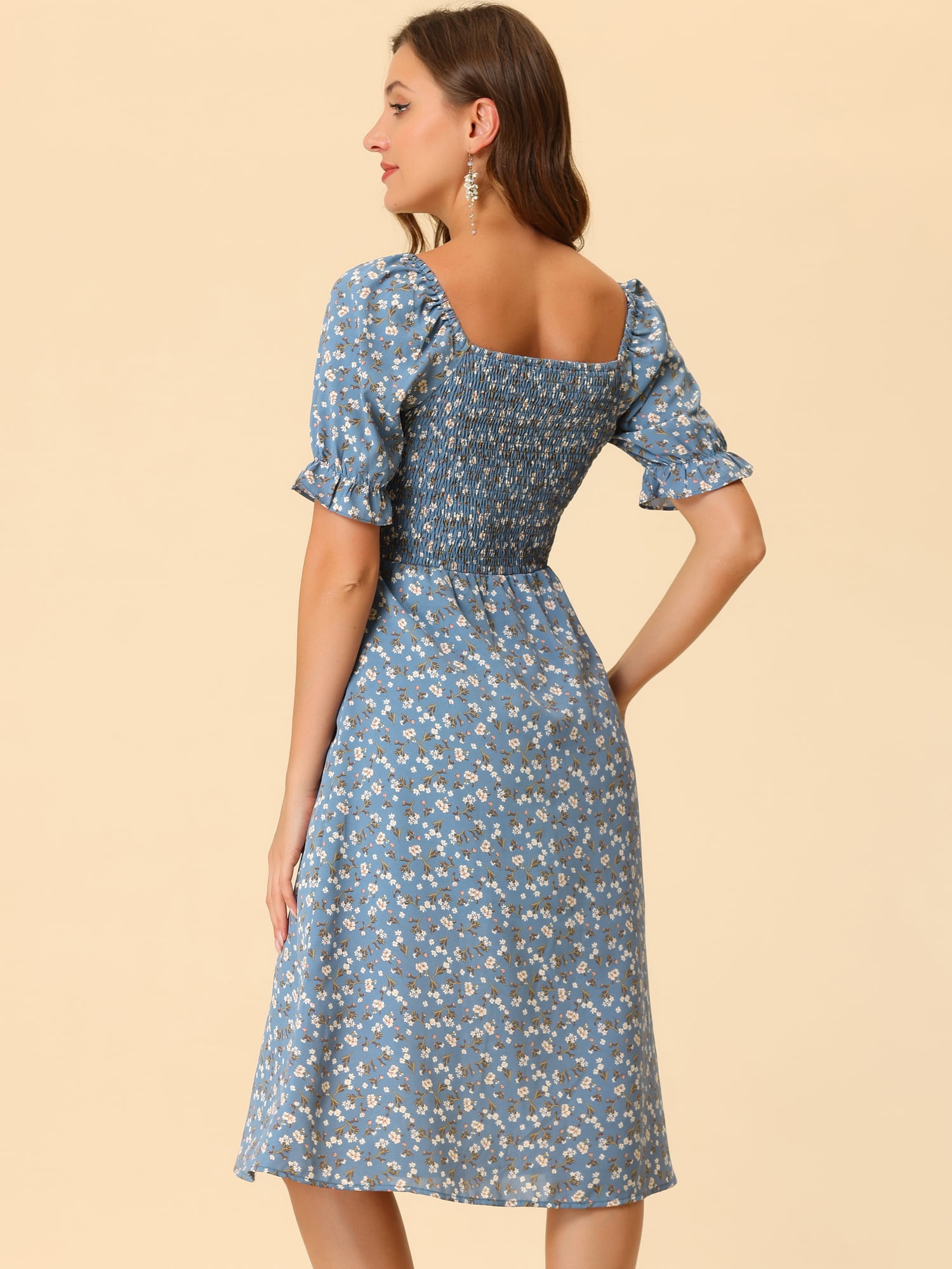 DARING DIVA Square Neck Puff Sleeves Smocked Waist Midi Floral Dres M Dusty Blue