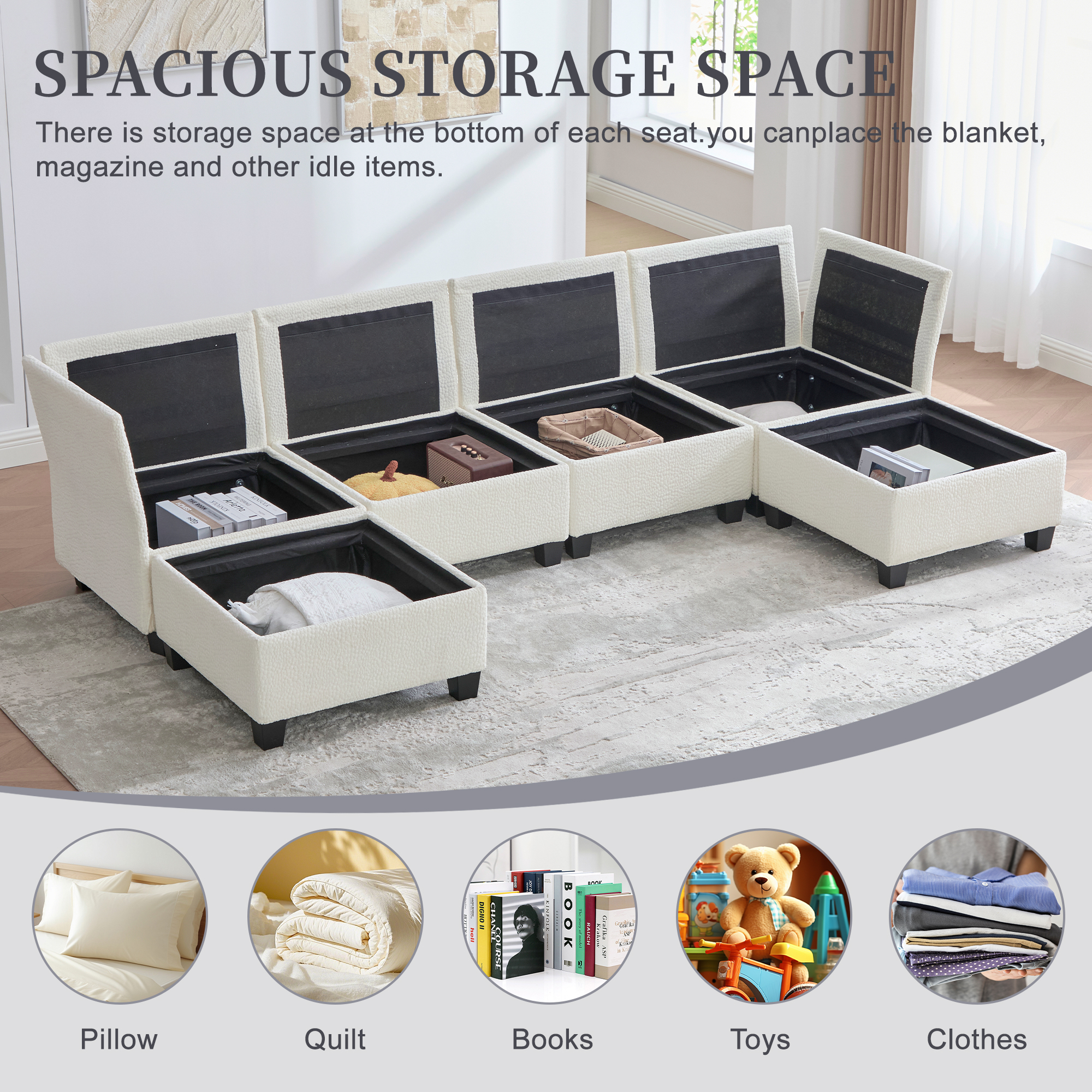 MOONMISS 6-Seat Polyester Upholstered U-Shaped Modular Storage Sleeper Sectional Sofa with Storage Ottoman-Beige