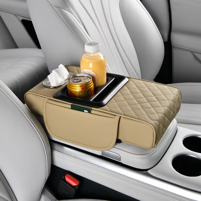 Car Center Console Cover, PU Leather Armrest Cushion Organizer with Double Cup Holder and Storage Box