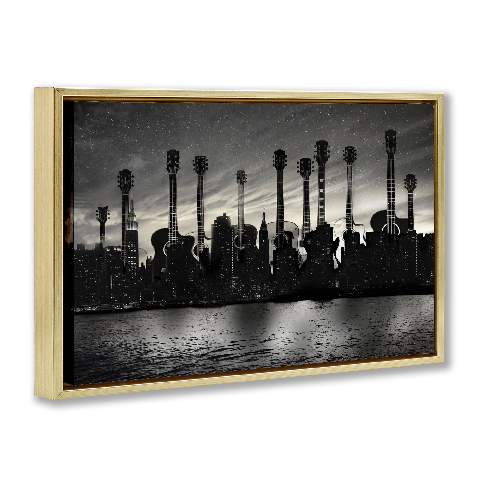 Stupell Industries Guitar Skyline Cityscape Gold Framed Floater Canvas Wall Art, design by CAD Designs