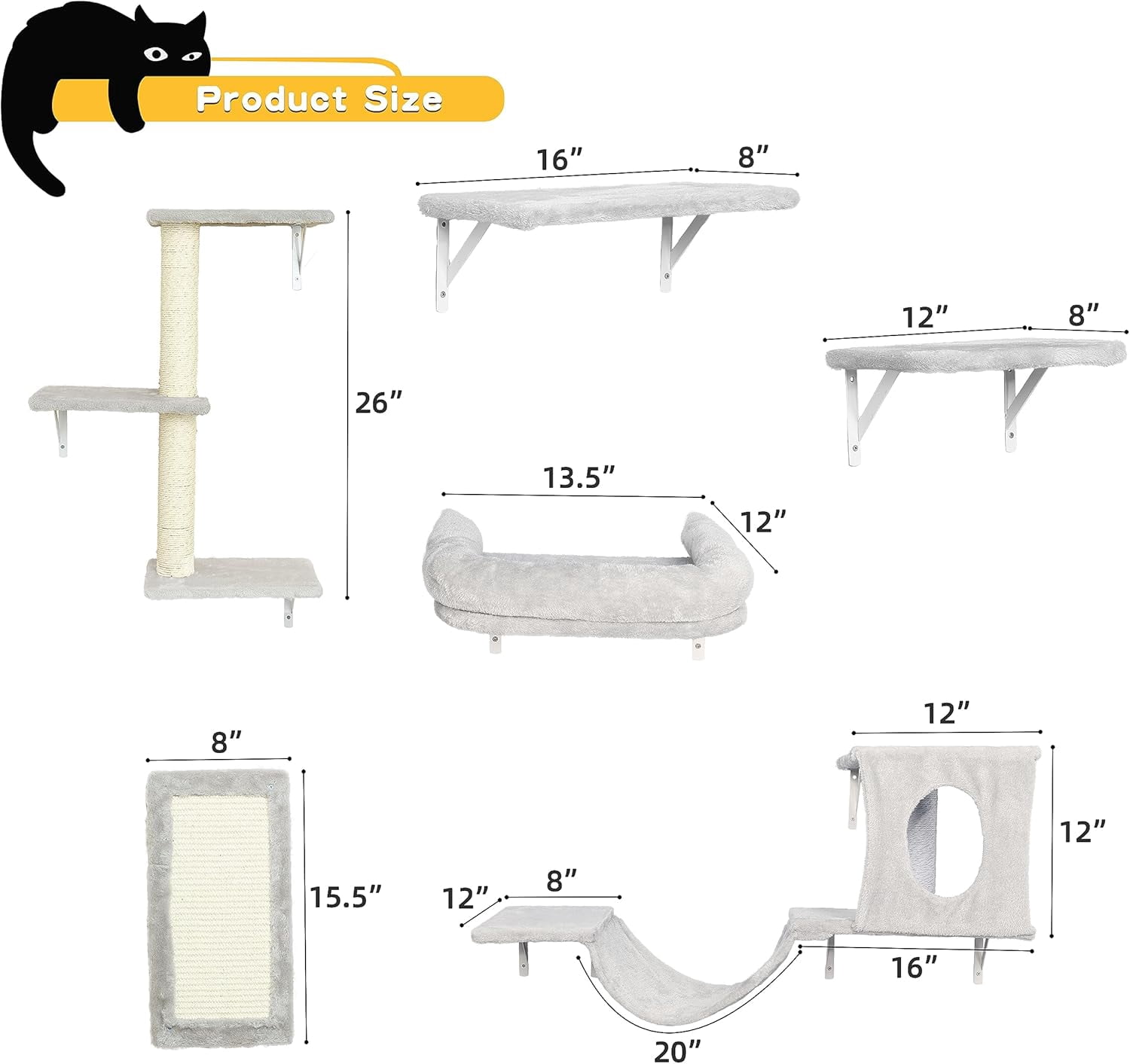 SONGMY Cat Wall Furniture, 6Pc Wall Mounted Cat Furniture Set with House, Bridge, Tree, Steps, Scratcher, DIY Walls Playground, Shelves for Indoor Wall Furniture Set - Gray