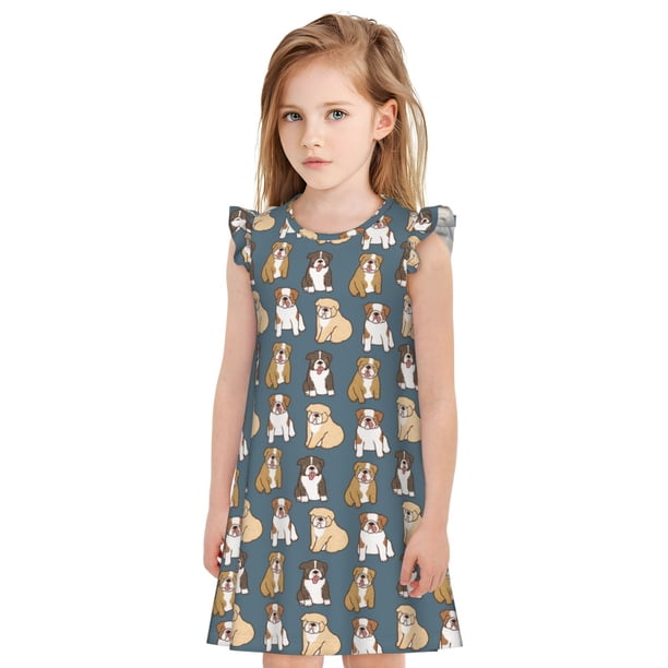 Fotbe Cartoon Bulldog 1 Vestido de Dormir para Niñas de 3 a 10 Años, Mangas Cortas, Estilo Princesa, Pijama Camisón con Mangas Voladas-XX-Large