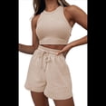 thumbnail image 1 of Conjuntos de Verano para Mujer, Conjunto Informal de 2 Piezas con Top Corto y Pantalones Cortos de Punto Gofre, Ropa de Dormir, Color Albaricoque XXL, 1 of 9