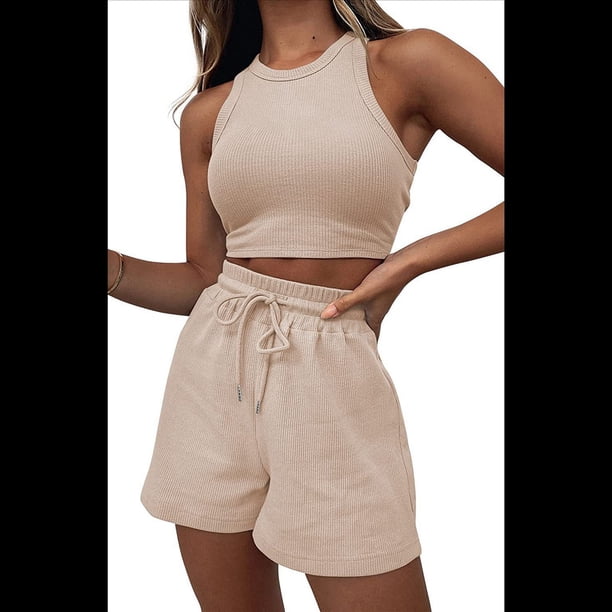Conjuntos de Verano para Mujer, Conjunto Informal de 2 Piezas con Top Corto y Pantalones Cortos de Punto Gofre, Ropa de Dormir, Color Albaricoque XXL