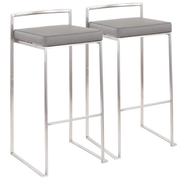 Fuji Contemporary Stackable Barstool in Stainless Steel with Grey Faux Leather Cushion by LumiSource - Set of 2