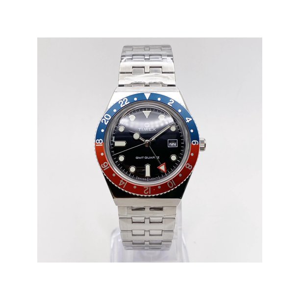 New Timex Q GMT 38mm Stainless Steel Black Dial Men Quartz Watch