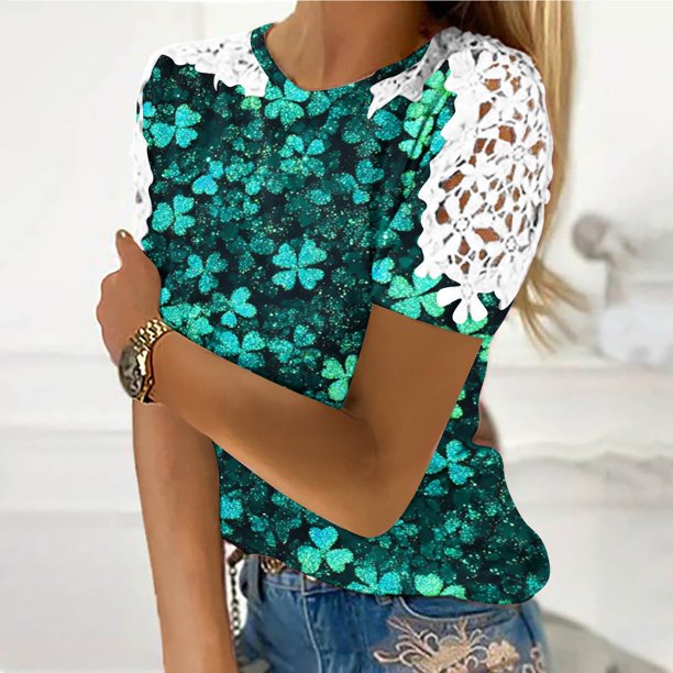 Puntoco Liquidación de blusas cortas para mujer, blusas con cuello redondo y manga corta con estampado para mujer