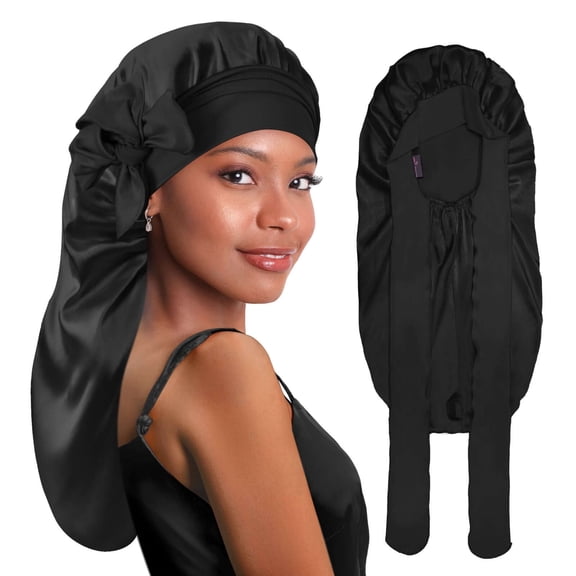 Long Silk Satin Braid Bonnet with Tie Band Black