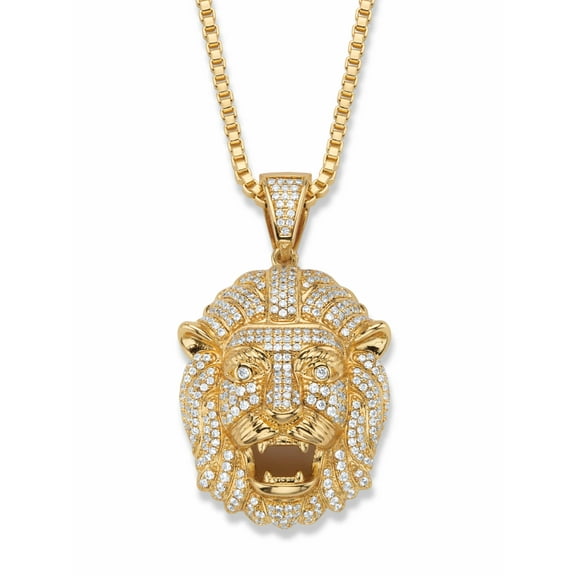 PalmBeach Jewelry Men's Cubic Zirconia Lion's Head Pendant Necklace 2.06 TCW Gold-Plated 22"