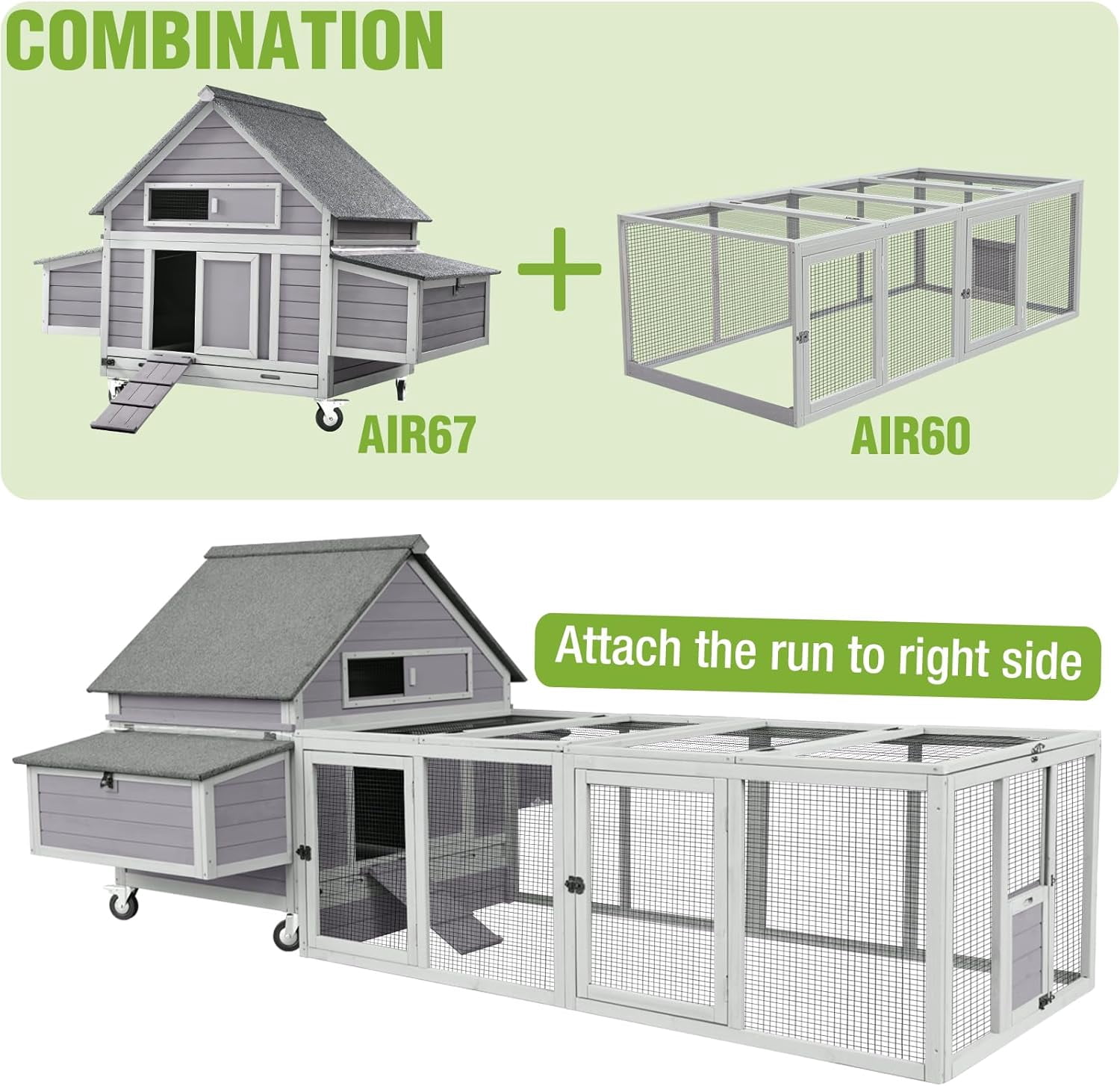 Aivituvin Large Chicken Coop with Wheels 6 Nesting Box Outdoor Mobile Hen House Wooden Poultry Cage Waterproof Asphalt Roof for 4-6 Chickens Gray