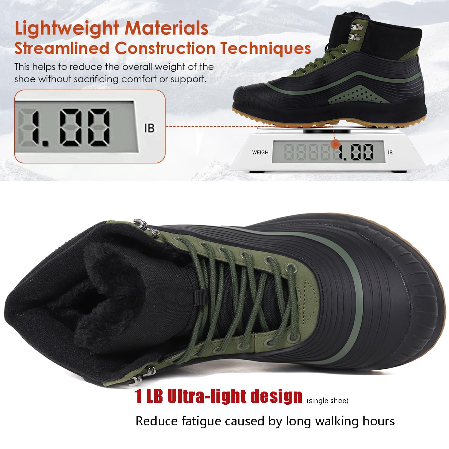 ulogu Women Men's Snow Boots, Waterproof Snow Shoes,Frosty Warm Outdoor Boots, Non-Slip Lightweight Winter Mid Top Ankle Boots for Men Women(Men Size 11, Green)