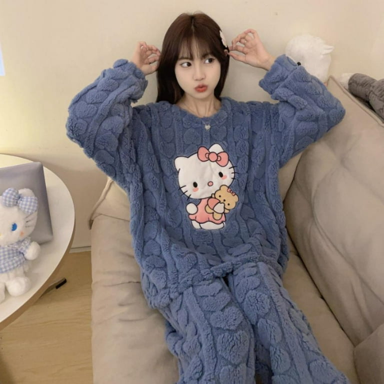 Cartoon Women Pajamas Set Winter Sleepwear Fleece Velvet Warm