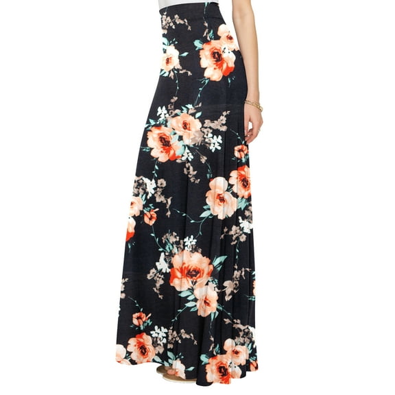 Made by Johnny Women's Solid Maxi Skirt with Elastic Waist Band L BLACK_FLORAL