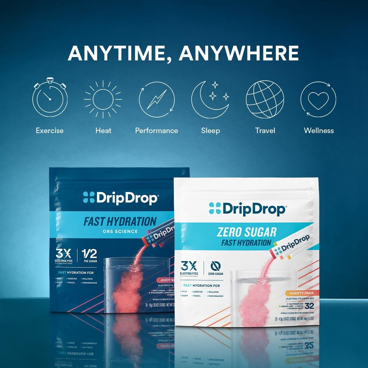 DripDrop Electrolyte Powder Drink Mix for Dehydration Relief Fast, Berry, 32pk