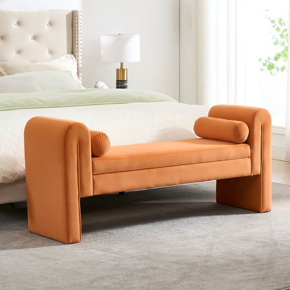 Velvet Bed Bench Sofa with Roll Pillows - Modern Upholstered Bedroom End of Bed Stool, Sturdy High-Density Sponge Seat, Easy Assembly (60.5”W x 17”D x 26.4”H)Orange