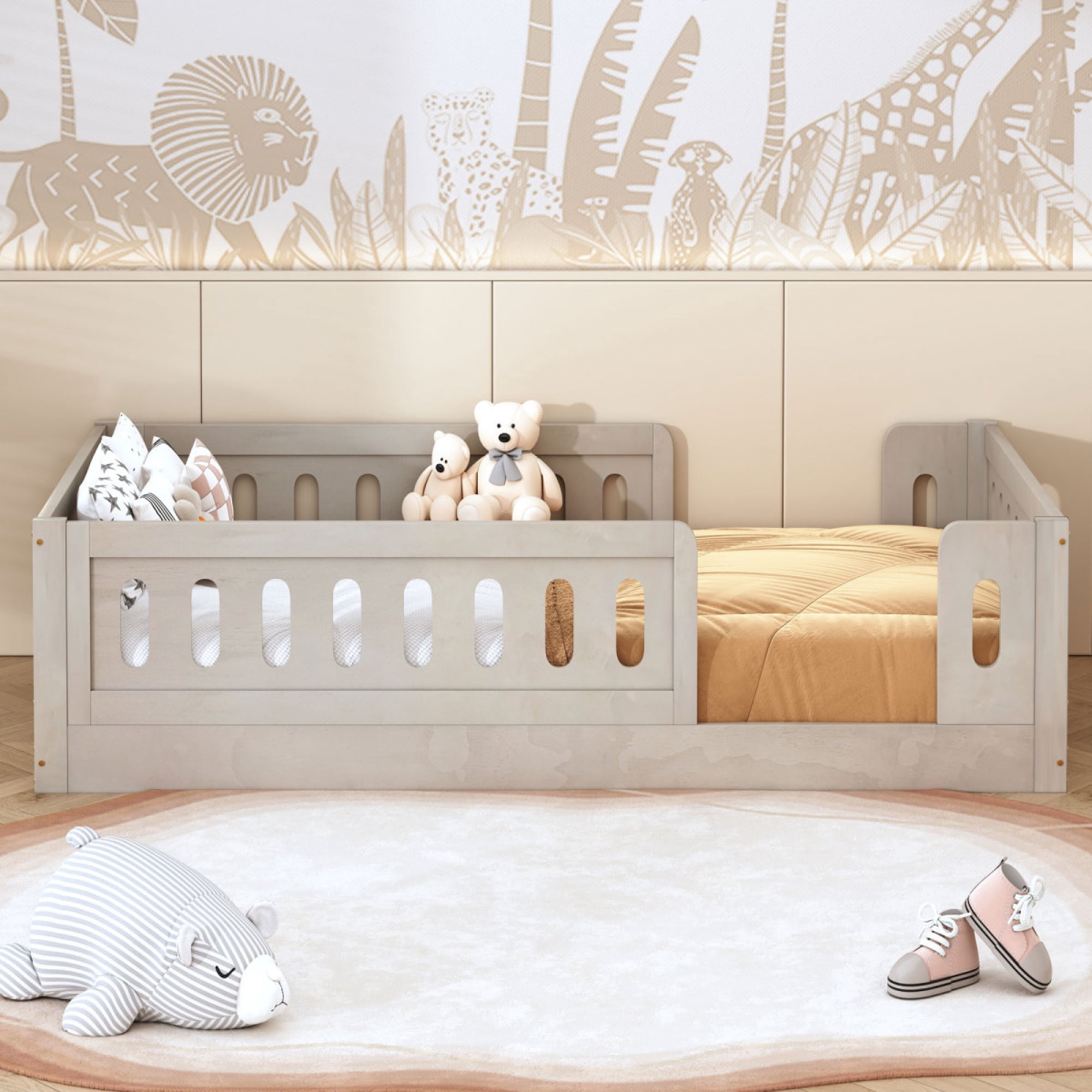Wood Twin Size Platform Bed with Guardrail for Kids Bedroom, No Box Spring Needed,Natural