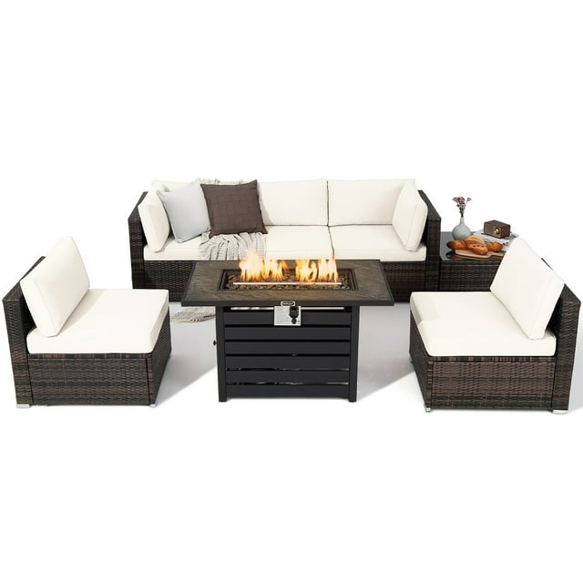 Gymax Ensemble de Mobilier de Patio en Rotin 7 Pcs Table à Foyer 42 Pieds' avec Housse Coussiné Blanc Cassé